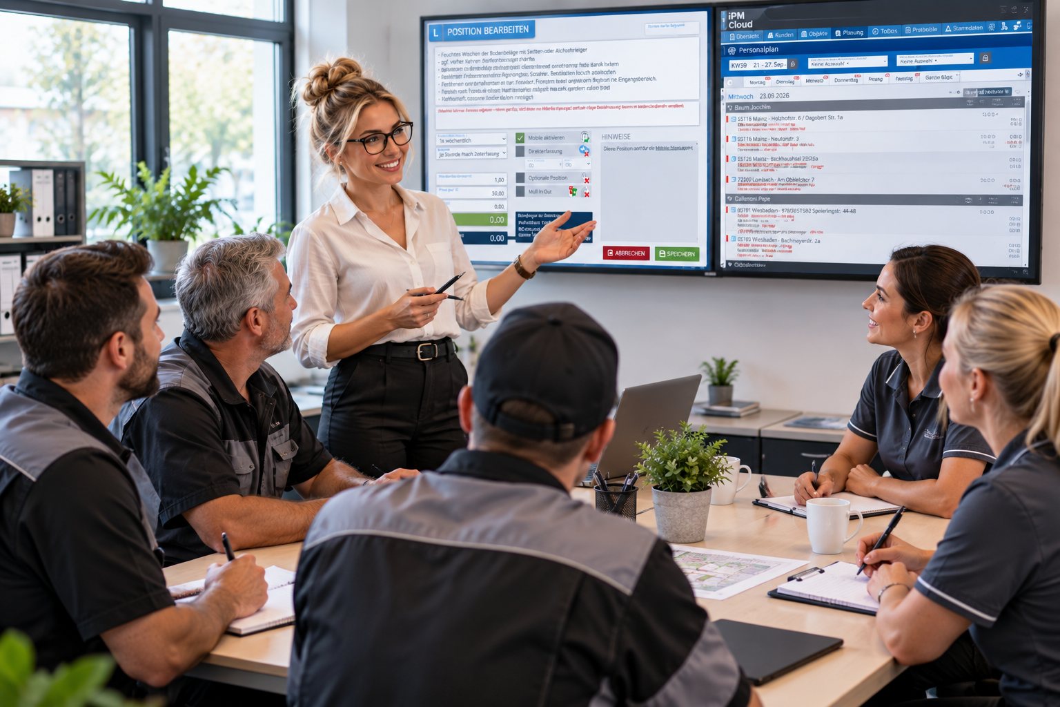 Team bespricht die Personal- und Einsatzplanung anhand der iPM-Cloud Software auf dem Bildschirm
